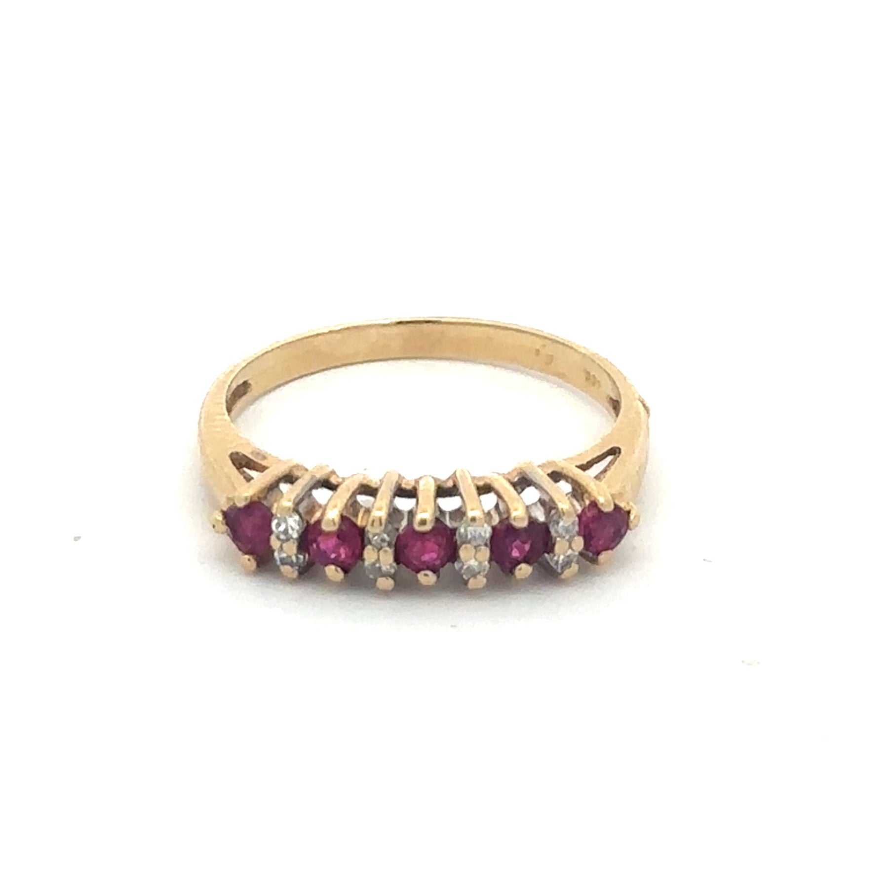 Natural ruby and diamond stacker band in 14k yellow gold featuring a vintage Silver Lady design with intricate detailing.