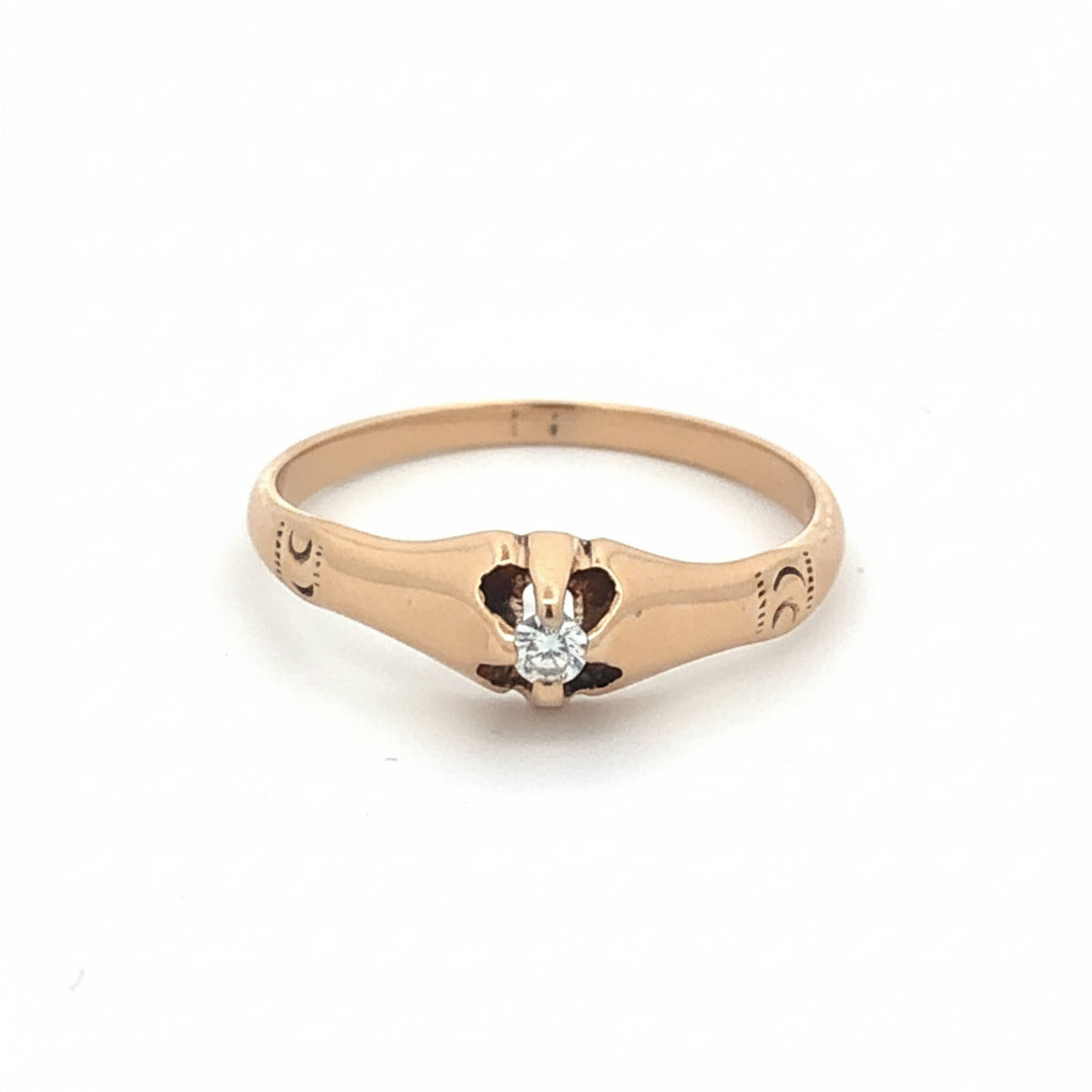 Antique Victorian diamond solitaire ring in 14k yellow gold with intricate vintage detailing, crafted by Silver Lady Vintage.