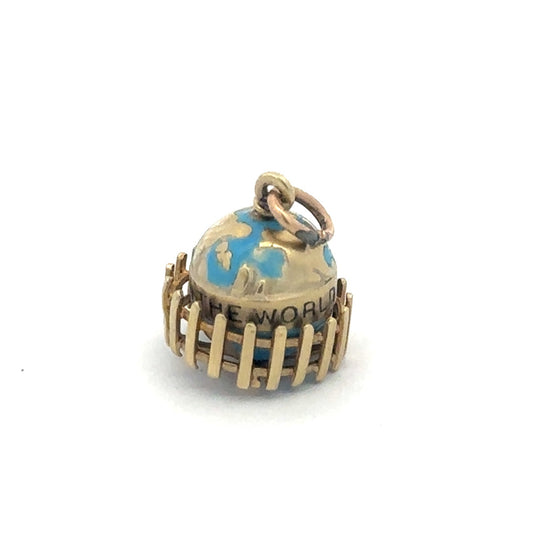 14k gold enamel globe spinner charm pendant with "You Mean The World To Me" inscription, vintage style jewelry.