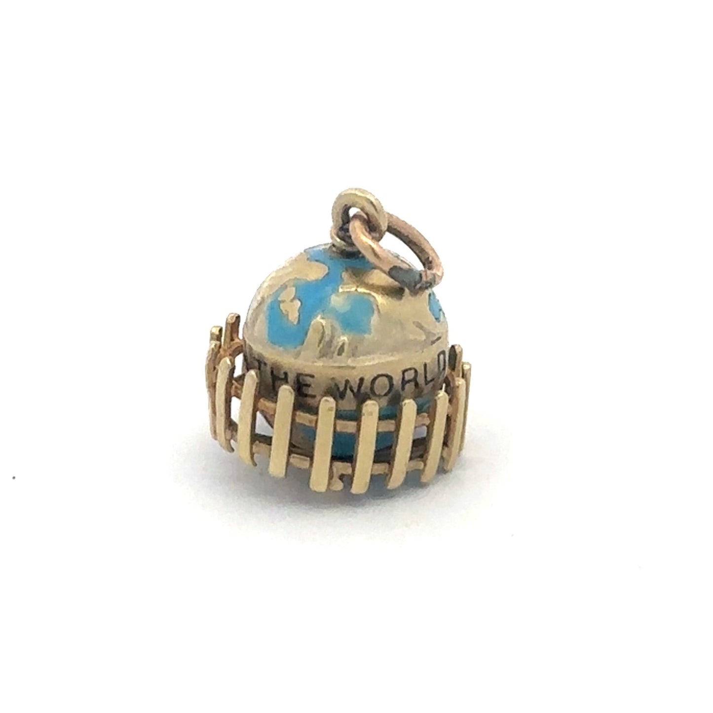 14k gold enamel globe spinner charm pendant with "You Mean The World To Me" inscription, featuring a vintage-inspired design.