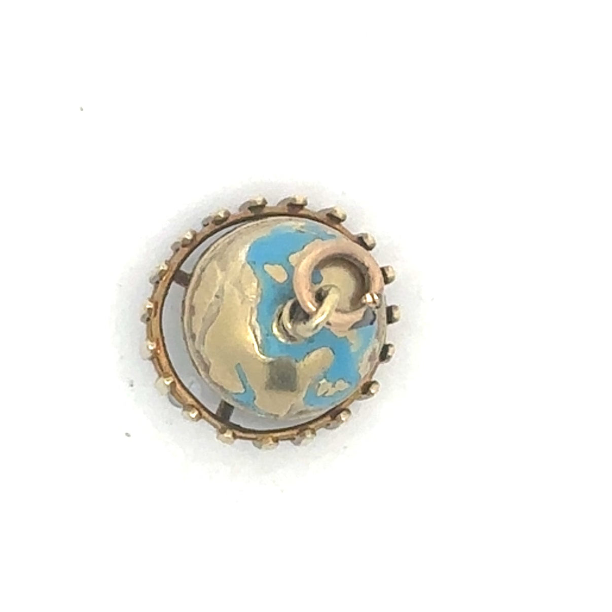 14k gold enamel globe spinner charm pendant with "You Mean The World To Me" inscription, featuring a vintage-style design.