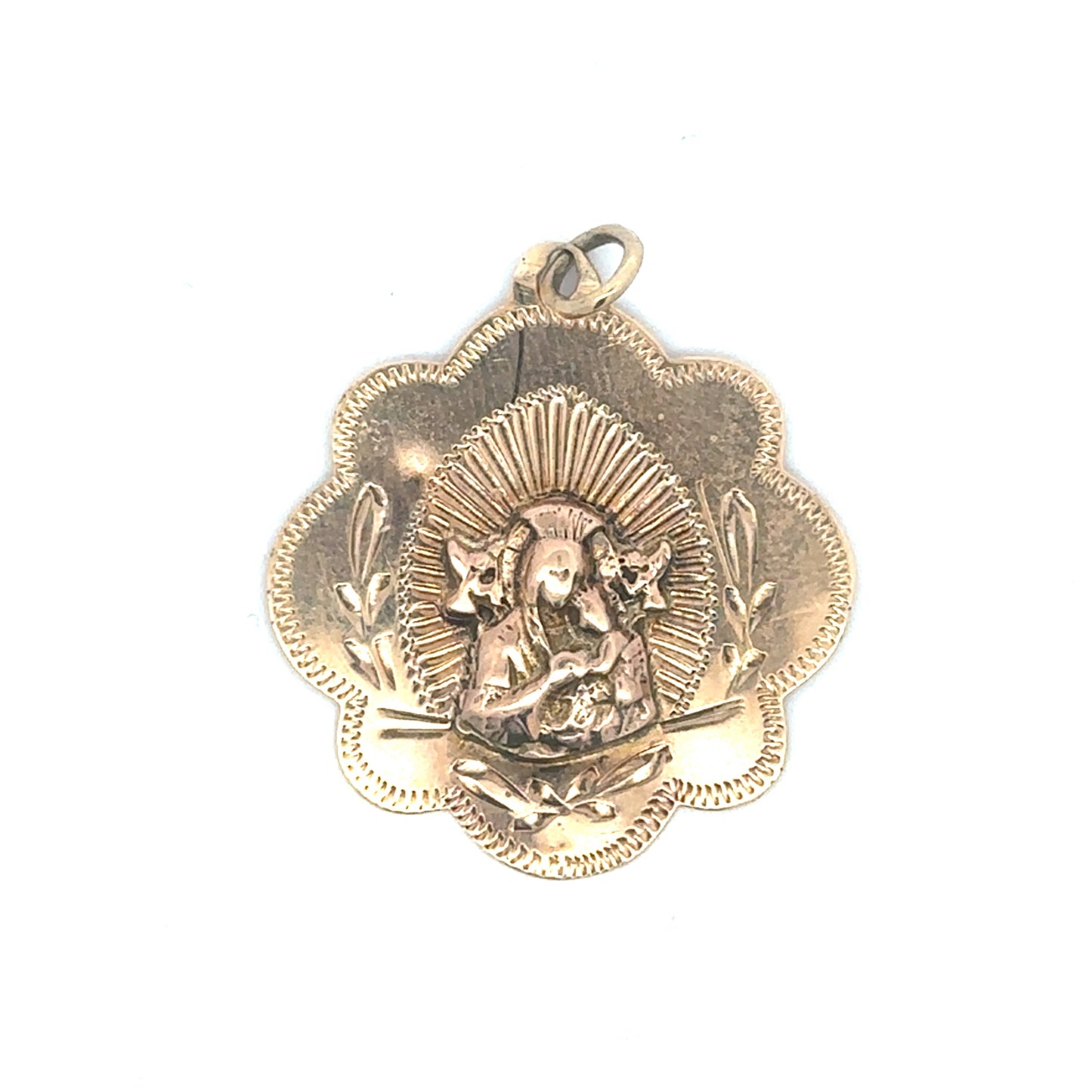 14k yellow gold Virgin Mary religious medallion pendant with scalloped edge, crafted by Silver Lady Vintage.