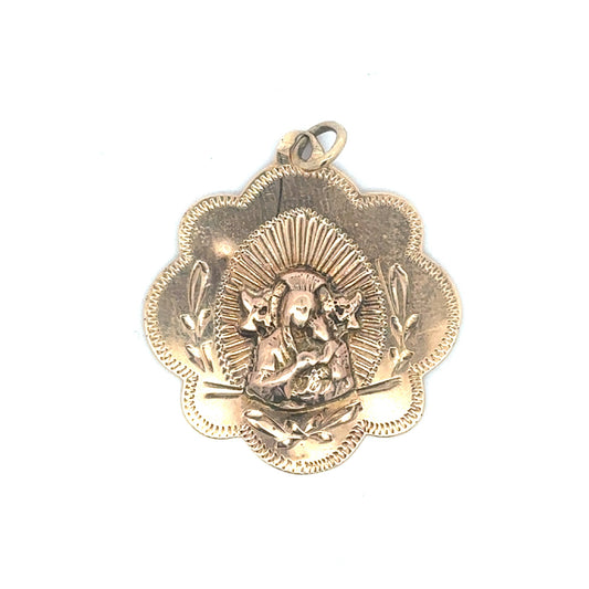 14k yellow gold Virgin Mary religious medallion pendant with scalloped edge, crafted by Silver Lady Vintage.