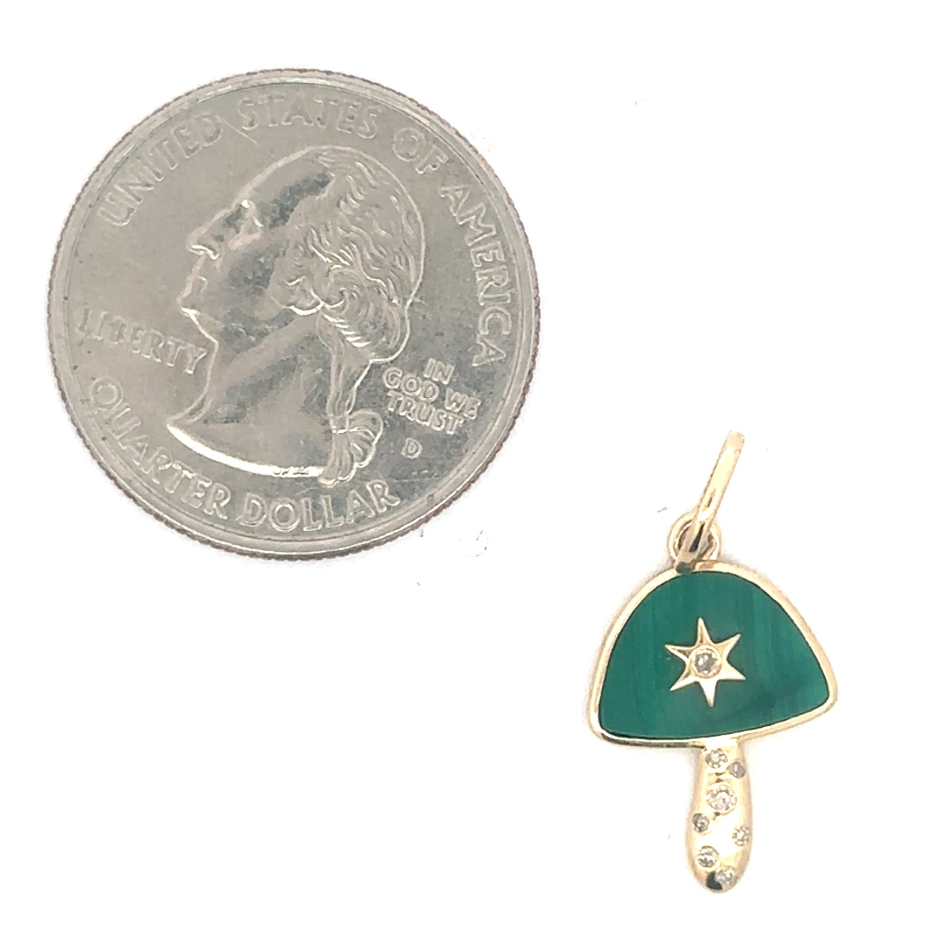 Malachite mushroom pendant with diamonds in 14K yellow gold, silver lady vintage jewelry, close-up of the detailed gemstone and gold setting