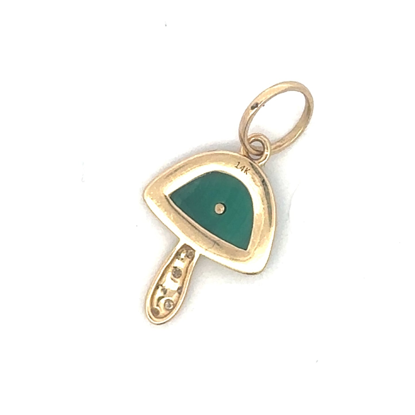 Malachite mushroom pendant with diamonds in 14K yellow gold, vintage Silver Lady Jewelry, close-up of the detailed gemstone and gold setting.