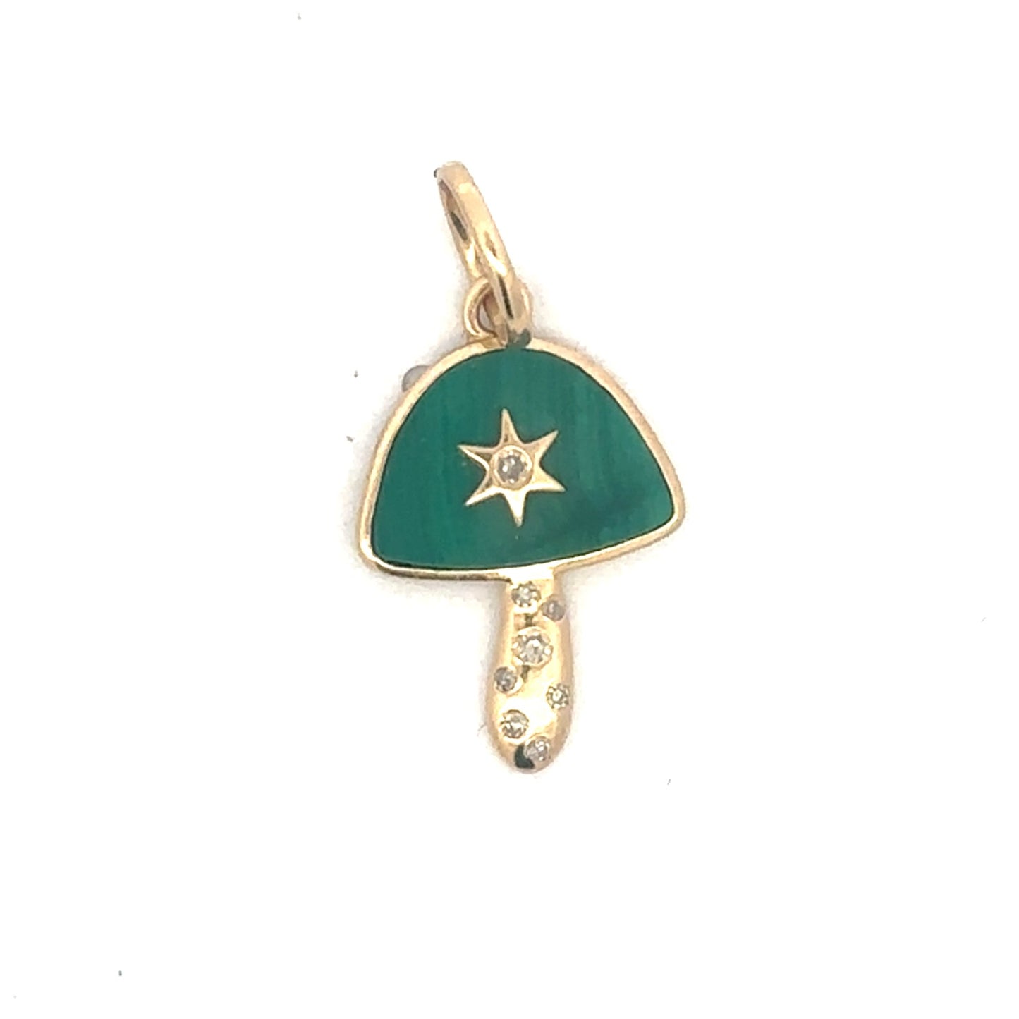 Malachite mushroom pendant with diamonds in 14K yellow gold, vintage Silver Lady design, detailed gemstone and gold craftsmanship