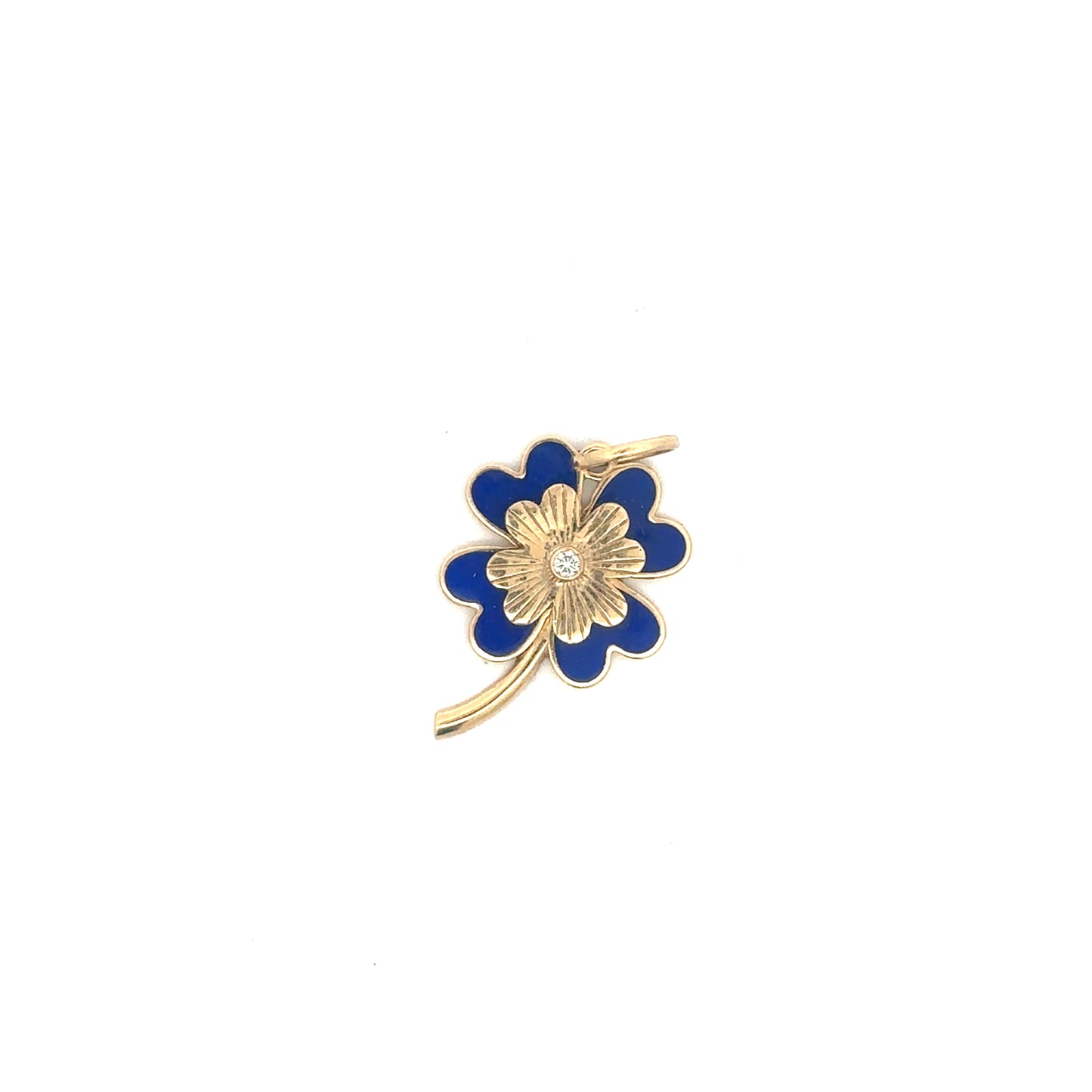 Gold and enamel clover pendant by Silver Lady Vintage with diamond center, featuring a detailed floral design.