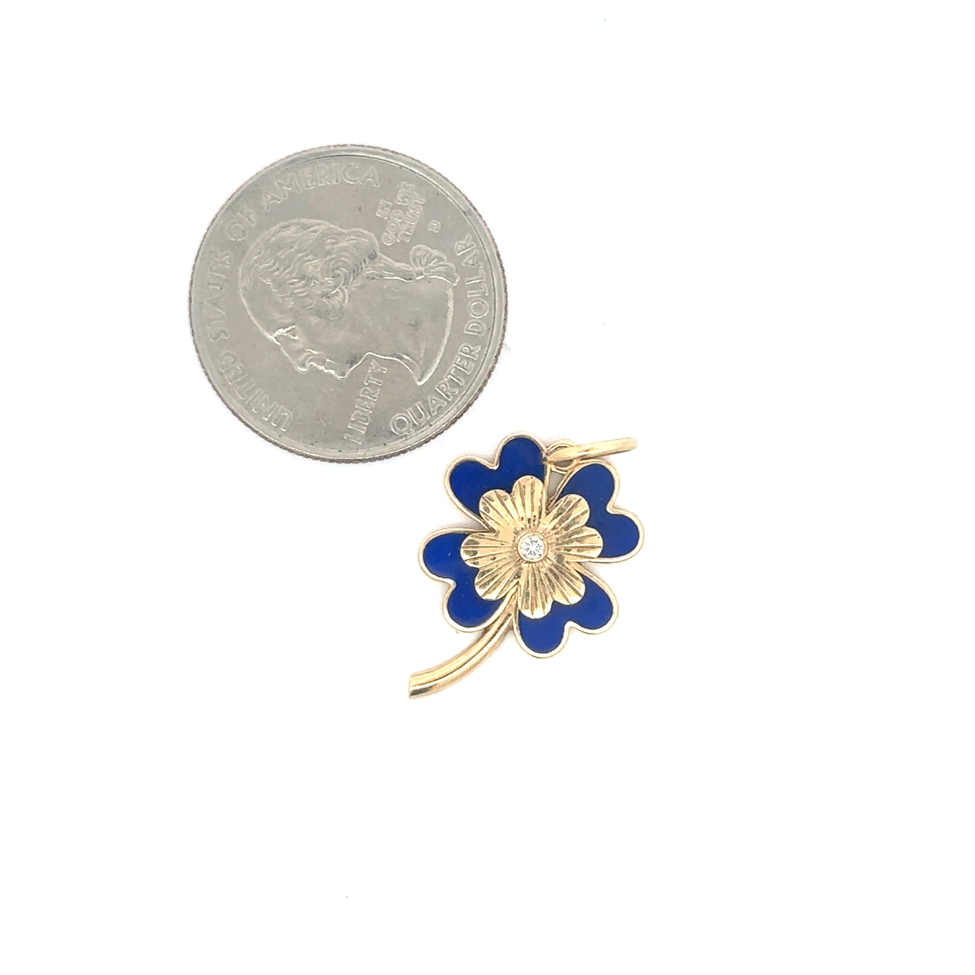 Enamel and yellow gold clover pendant with diamond center, vintage style jewelry from Silver Lady Vintage.