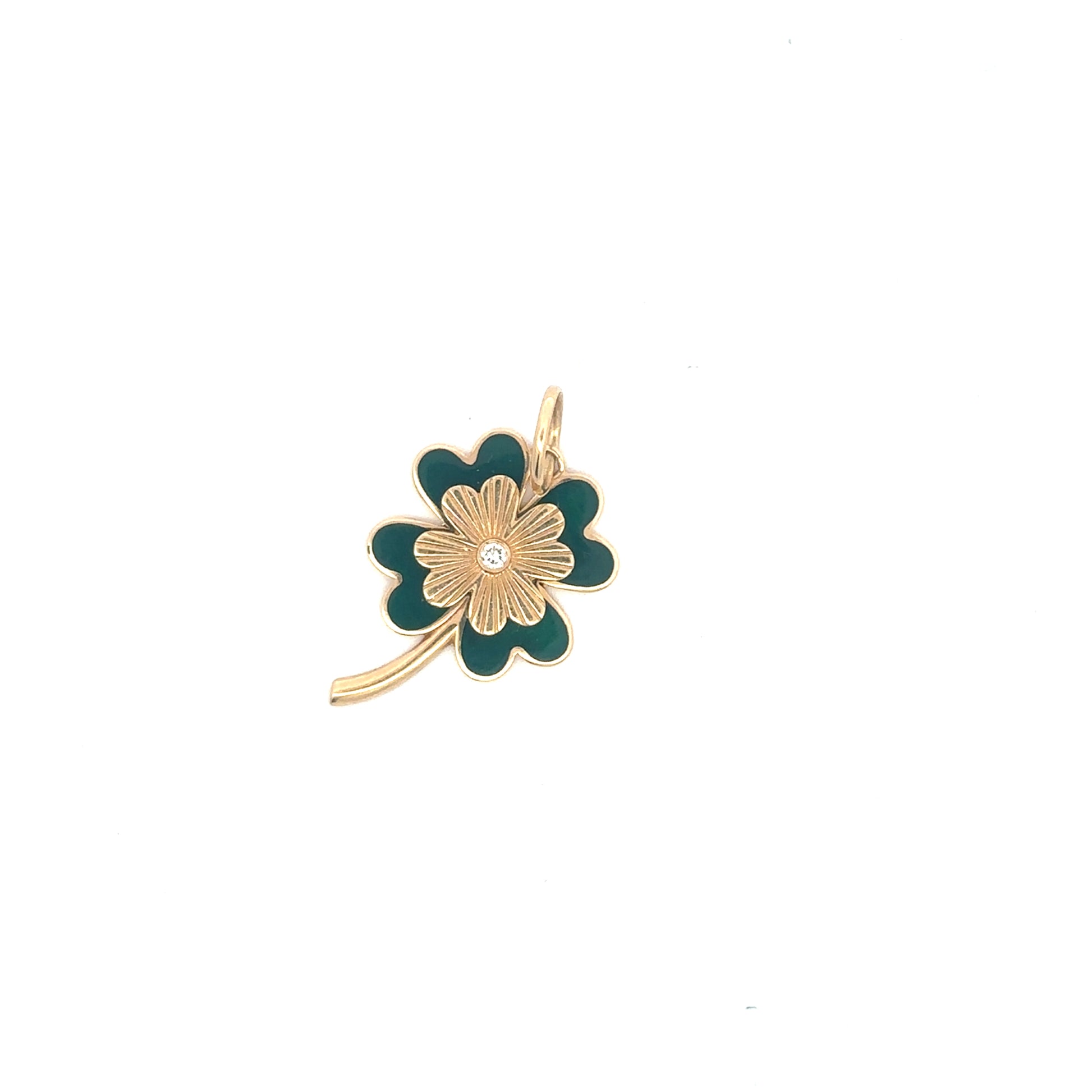 Enamel and yellow gold clover pendant with diamond center, Silver Lady Vintage jewelry, close-up of detailed pendant design