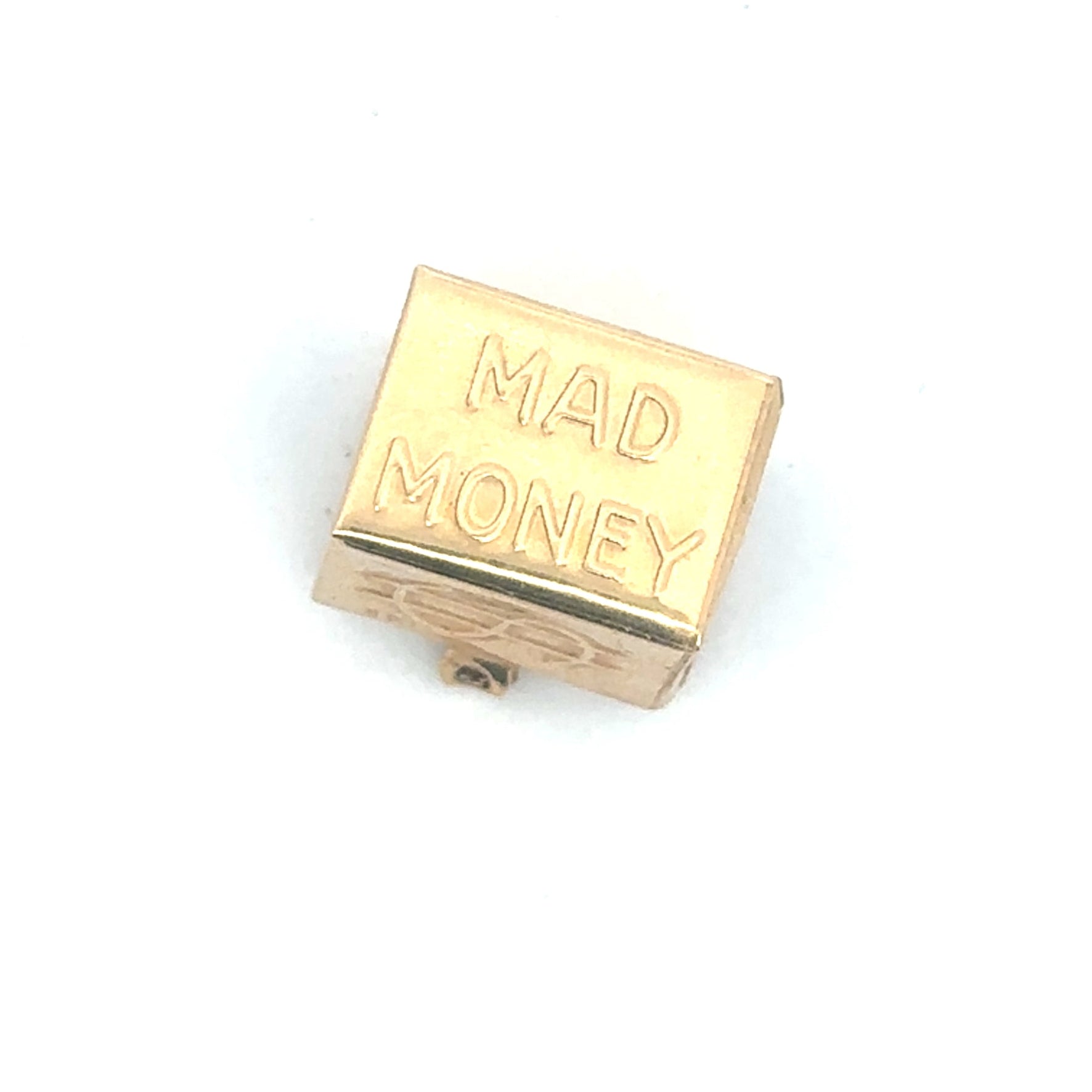 Vintage emergency money pendant in 14k yellow gold, featuring a novelty design with Silver Lady Vintage branding.