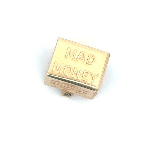 Vintage emergency money pendant in 14k yellow gold, featuring a novelty design with Silver Lady Vintage branding.