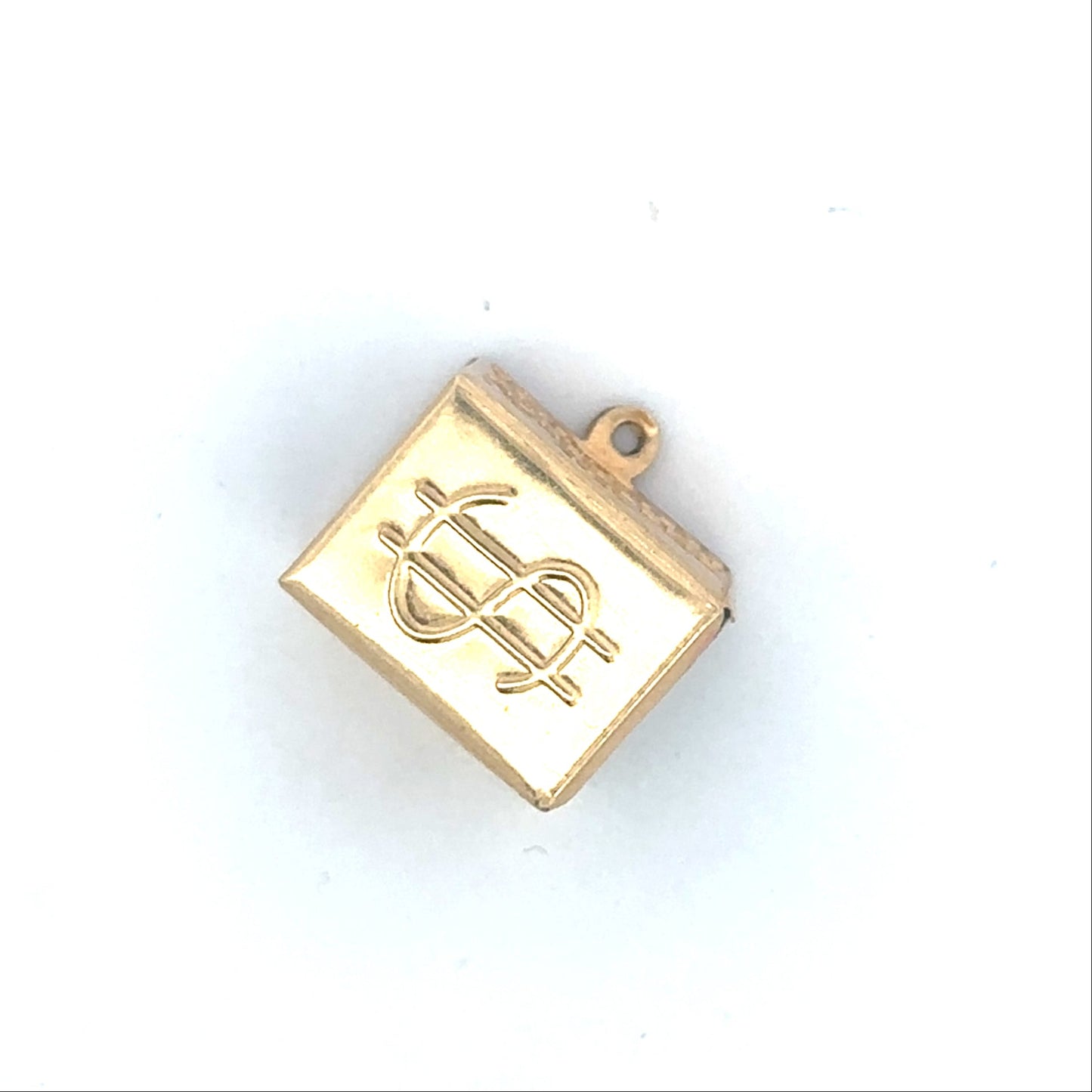Vintage emergency money novelty pendant in 14k yellow gold with intricate design, crafted by Silver Lady Vintage.
