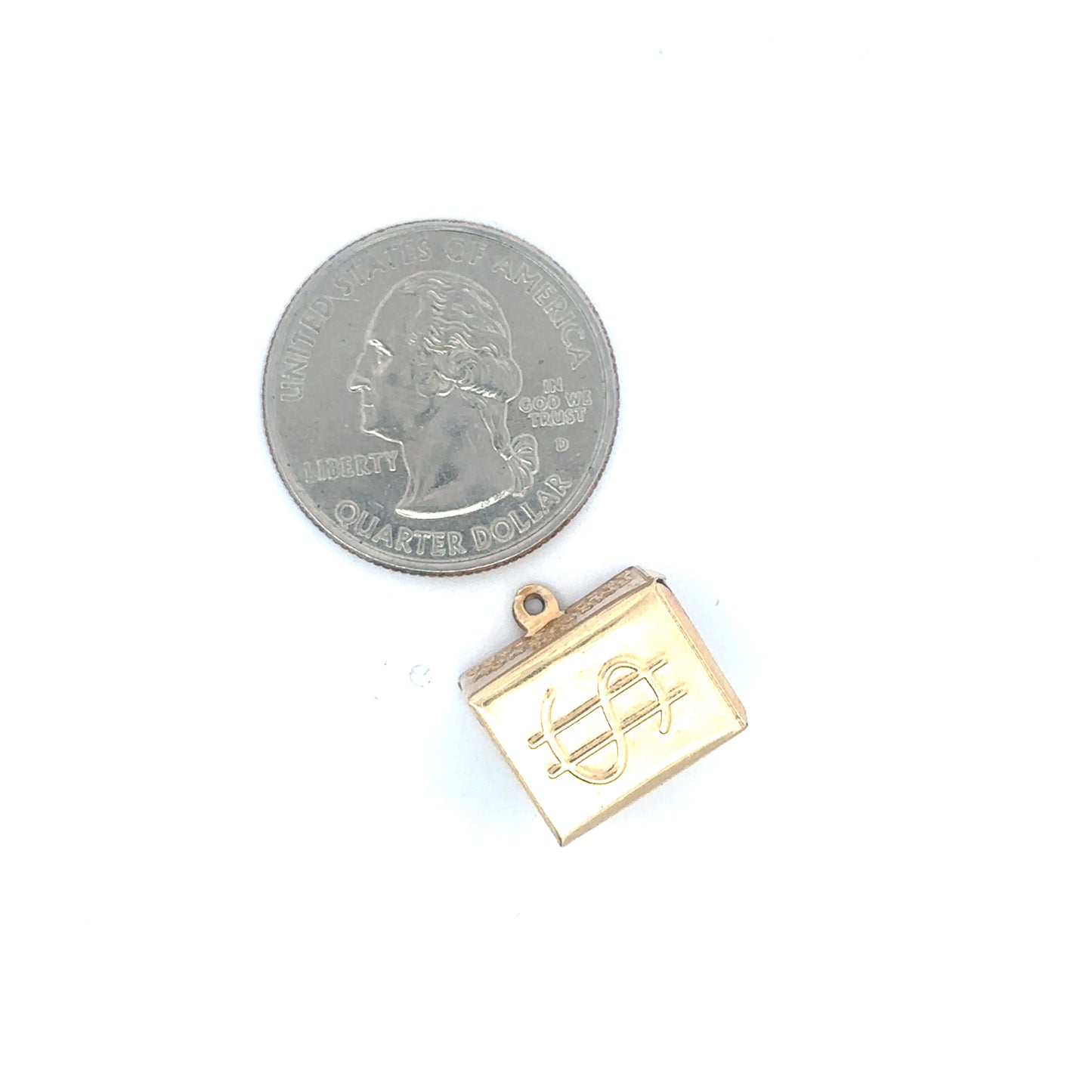 Vintage emergency money novelty pendant in 14k yellow gold, featuring intricate design and craftsmanship by Silver Lady Vintage.