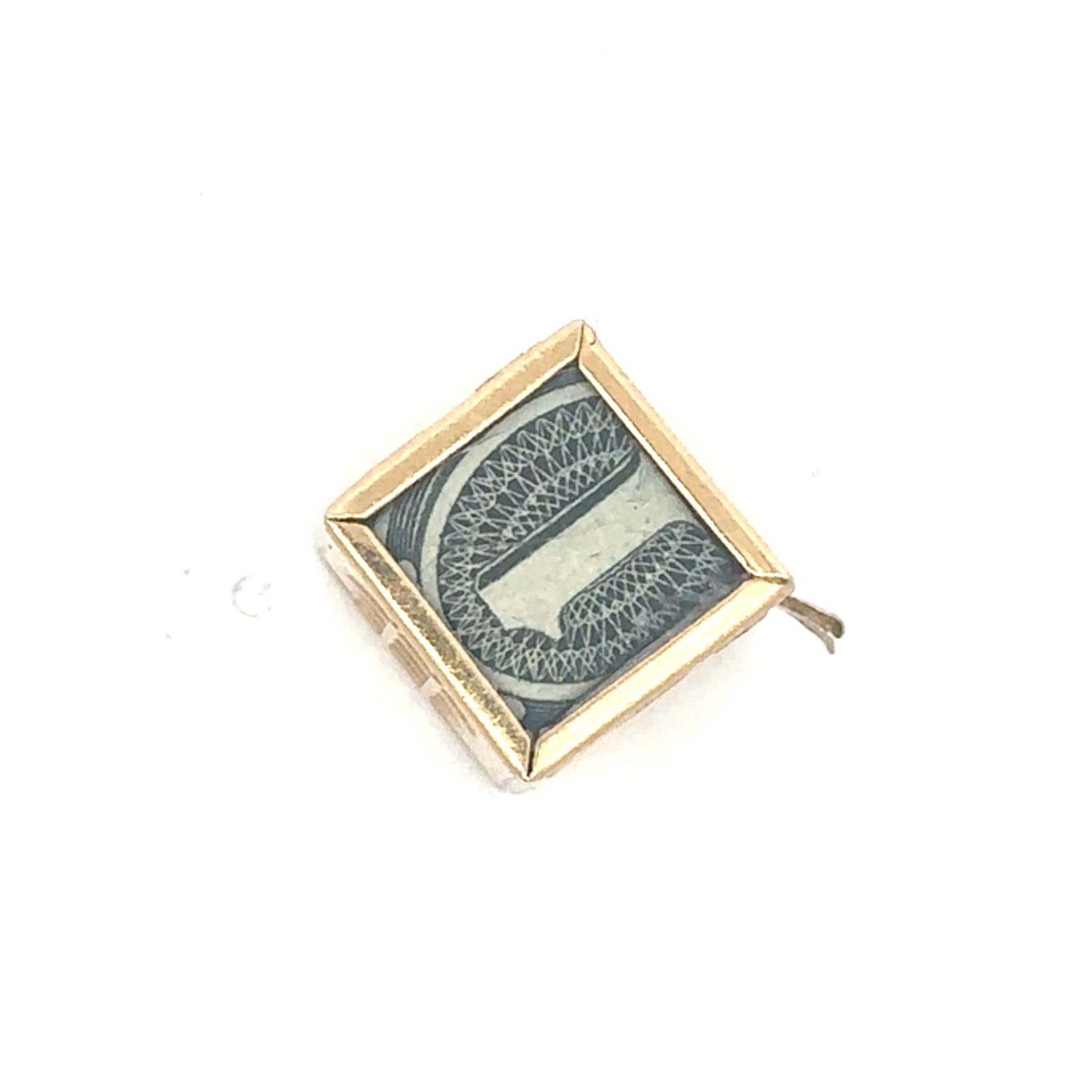 Vintage emergency money pendant in 14k yellow gold, novelty jewelry by Silver Lady Vintage, featuring a small, detailed coin design.