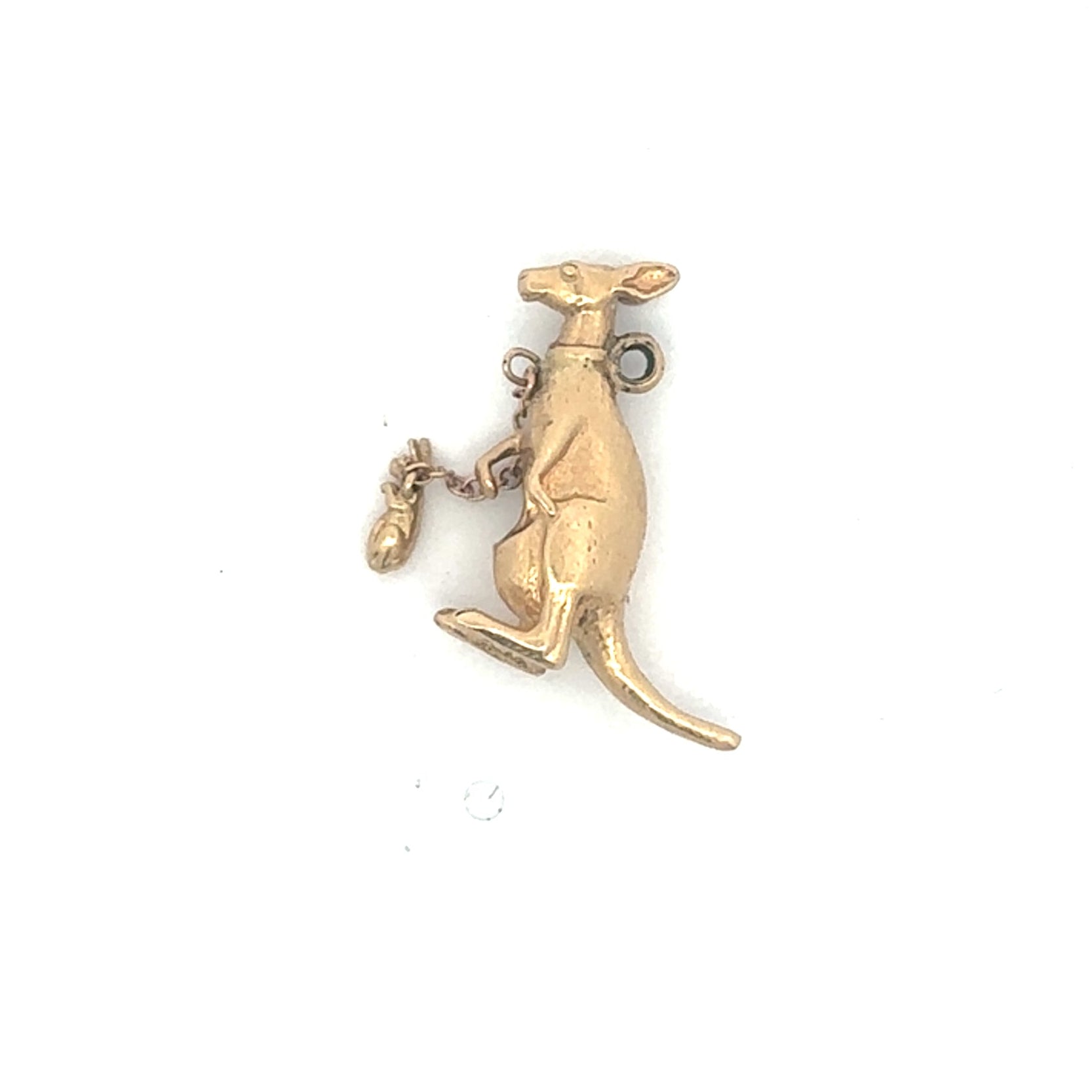 14k yellow gold kangaroo pendant with joey charm, showcasing detailed craftsmanship and a polished finish.