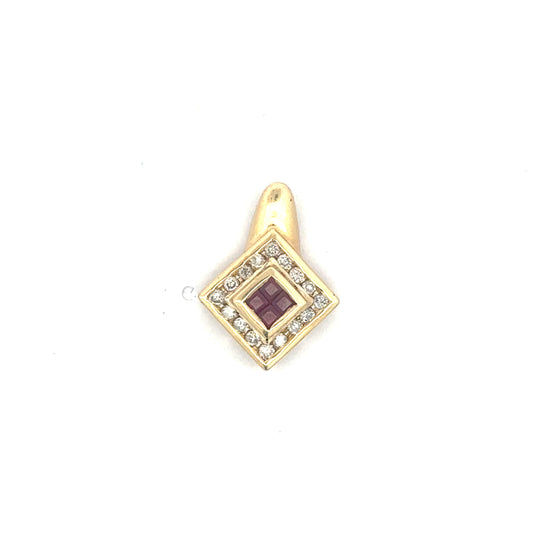 Vintage ruby cluster pendant with diamond halo in 14k yellow gold, featuring intricate detailing and elegant design.