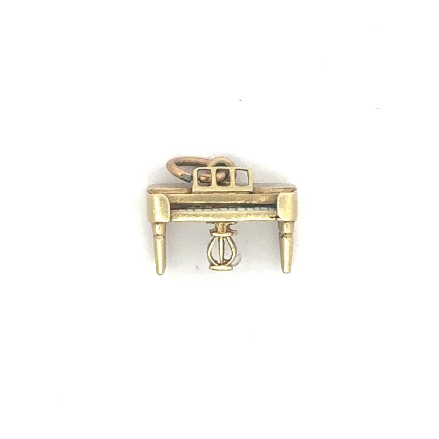 Vintage upright piano pendant charm in 14k yellow gold with detailed keys and classic design, crafted by Silver Lady Vintage.