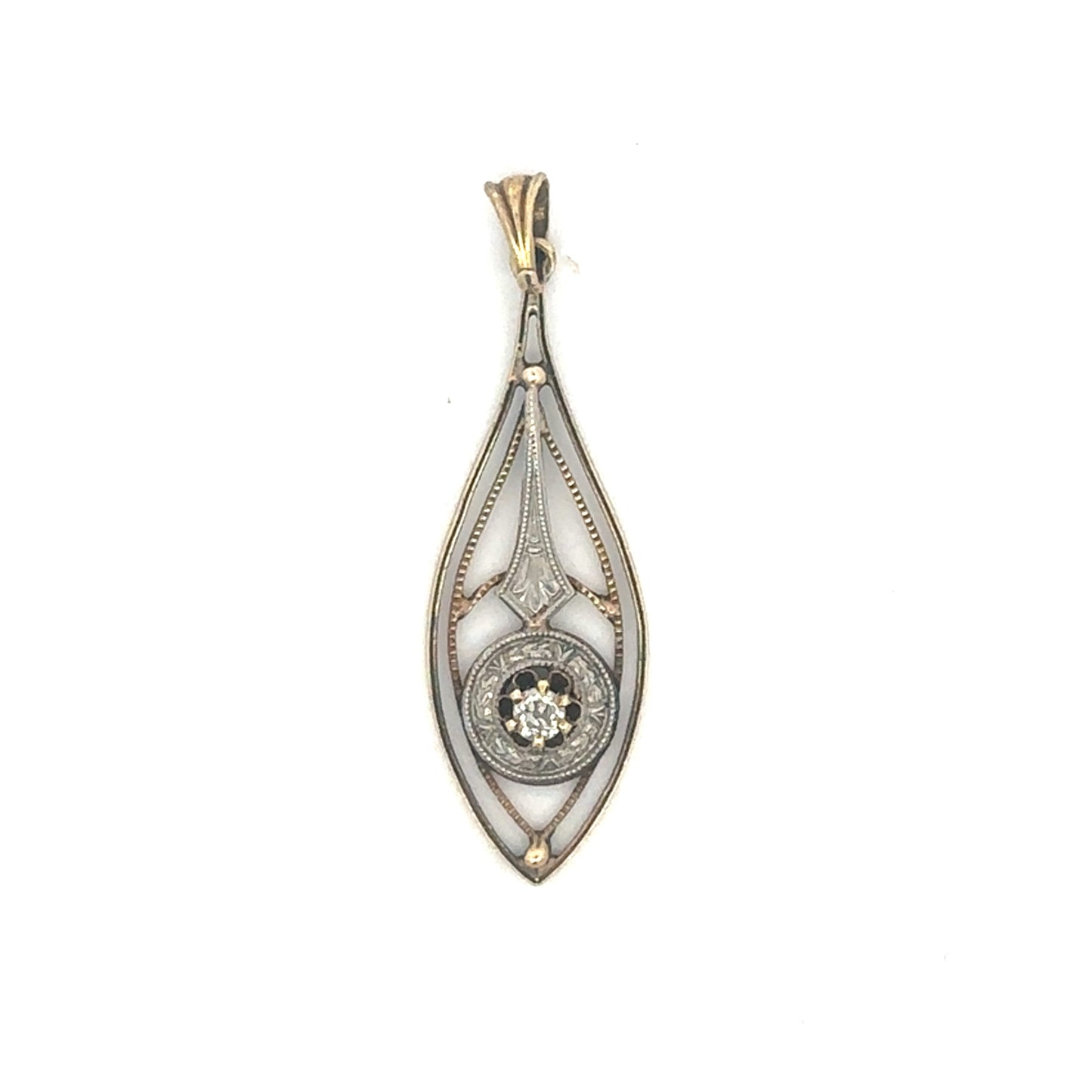 Antique Victorian diamond lavalier pendant in 14k white and yellow gold, featuring intricate vintage design and sparkling diamonds.