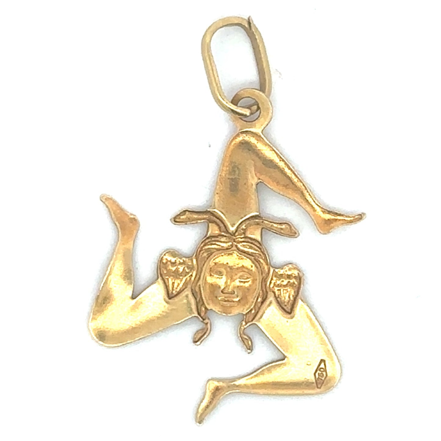 Sicilian Medusa Trinacria symbol pendant in 18K yellow gold, jewelry featuring detailed Medusa and Trinacria design.