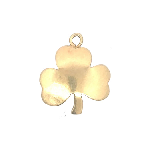 Three-leaf clover pendant in 14K yellow gold, vintage style jewelry with detailed leaf design and polished finish.