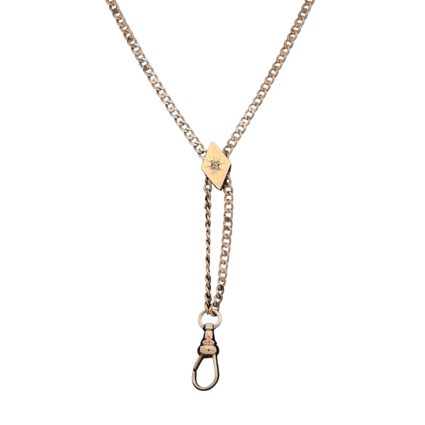 Antique Victorian gold watch chain with rose cut diamond slider, 10k gold, vintage Silver Lady piece with intricate design details.