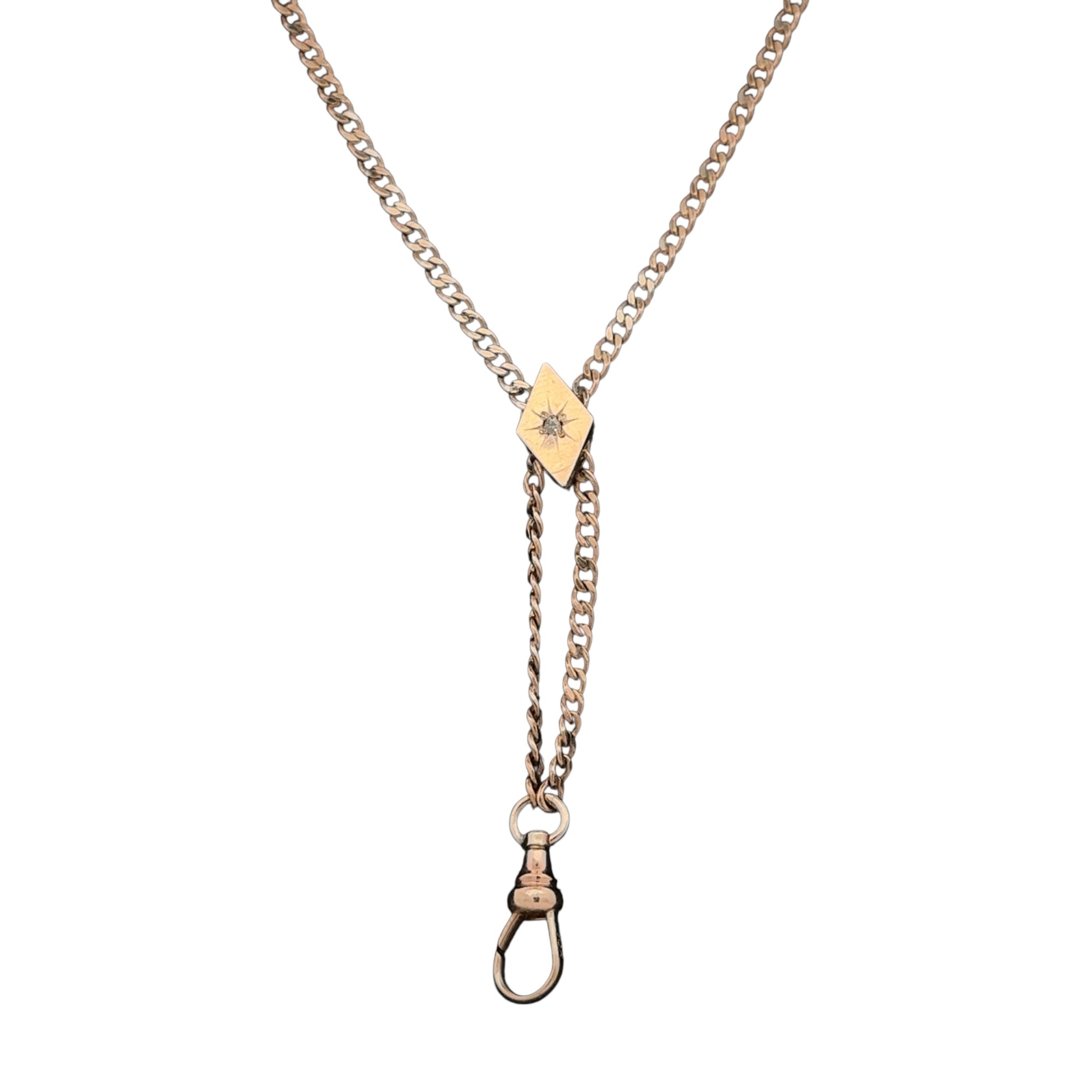 Antique Victorian gold watch chain with rose cut diamond slider, 10k gold, vintage Silver Lady piece with intricate design details.