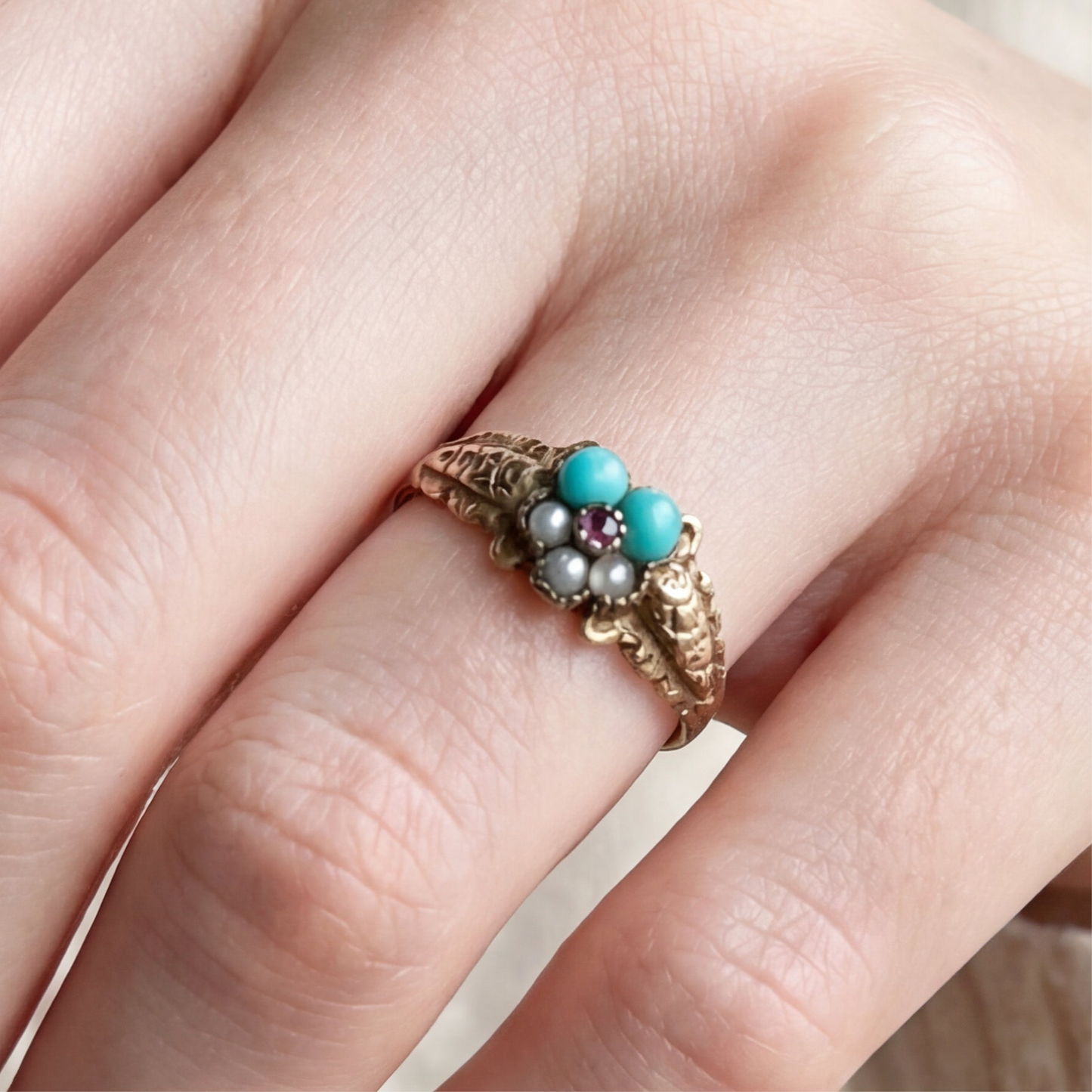 Antique Victorian and turquoise seed pearl and amethyst floral ring in 10k yellow gold