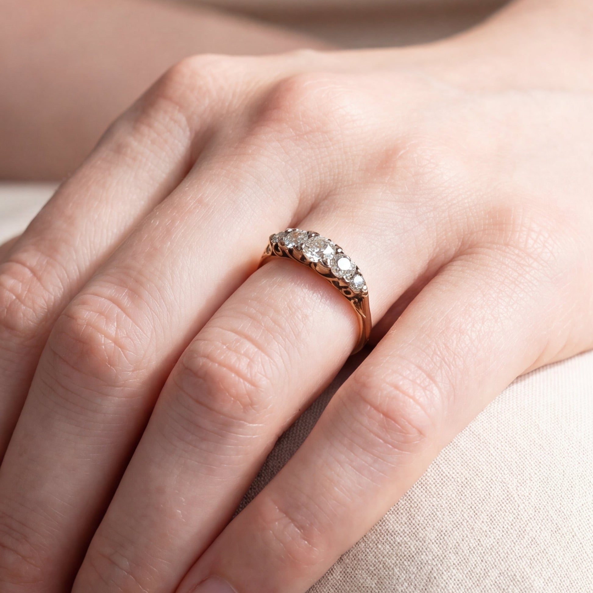 Antique Victorian mine cut diamond band in 18k yellow gold, featuring vintage craftsmanship and intricate detailing.