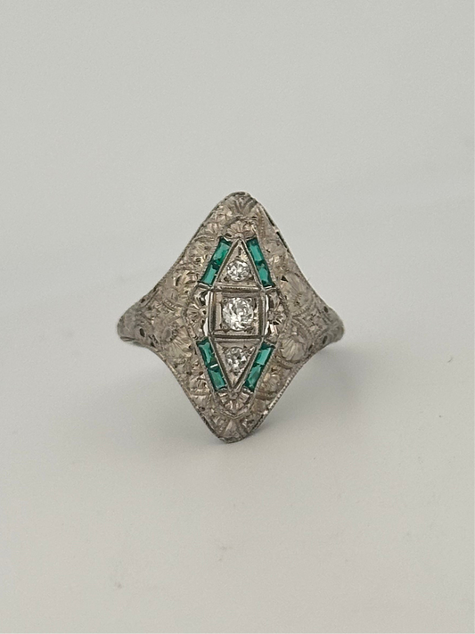 Antique 18k white gold natural diamond and emerald shield ring