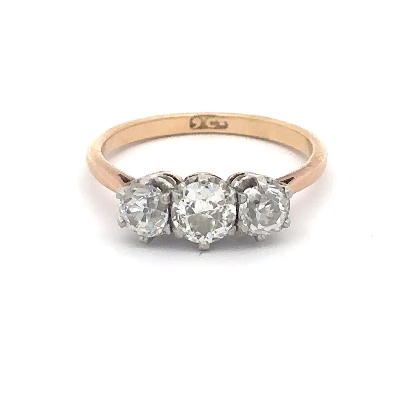 Antique natural old mine cut diamond three stone ring set in 9k gold