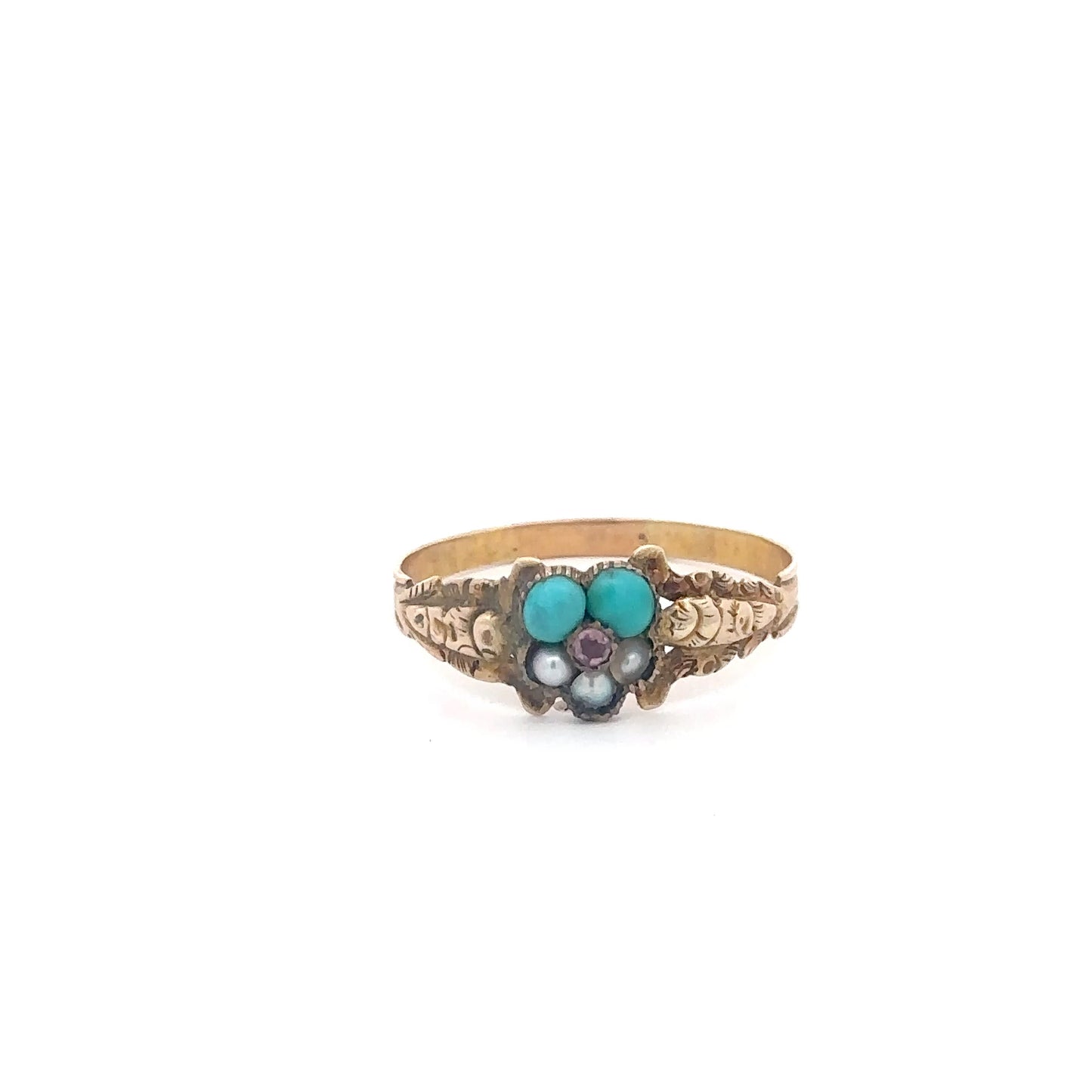 Antique Victorian and turquoise seed pearl and amethyst floral ring in 10k yellow gold