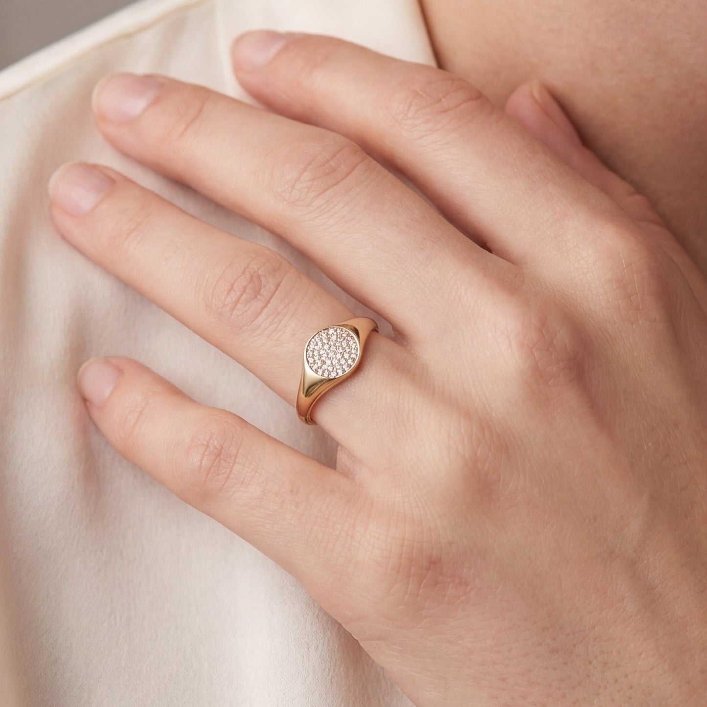 Yellow gold Diamond Pavé circular signet ring with sparkling diamonds, crafted by Silver Lady Vintage.