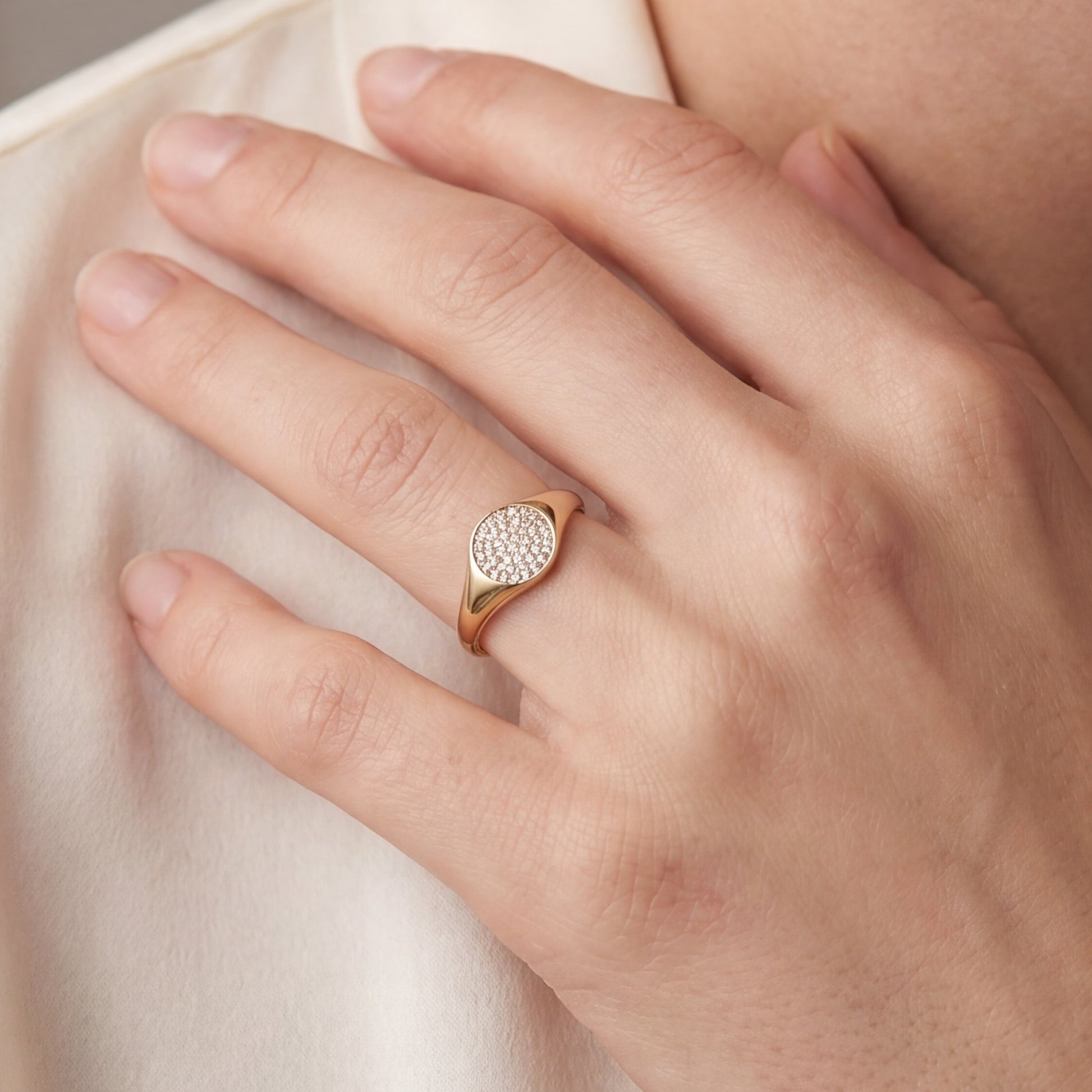 Yellow gold Diamond Pavé circular signet ring with sparkling diamonds, crafted by Silver Lady Vintage.