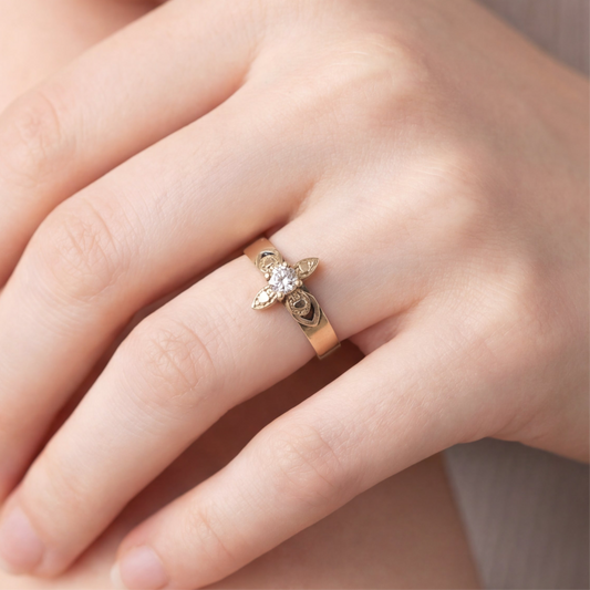Antique Victorian floral ring set in 14k yellow gold, featuring intricate floral designs and vintage craftsmanship.