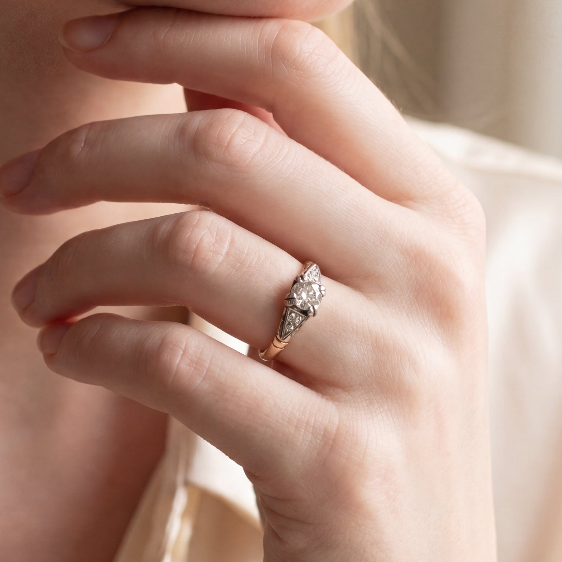 Two-tone diamond engagement ring in yellow gold with sparkling diamonds, crafted by Silver Lady Vintage.