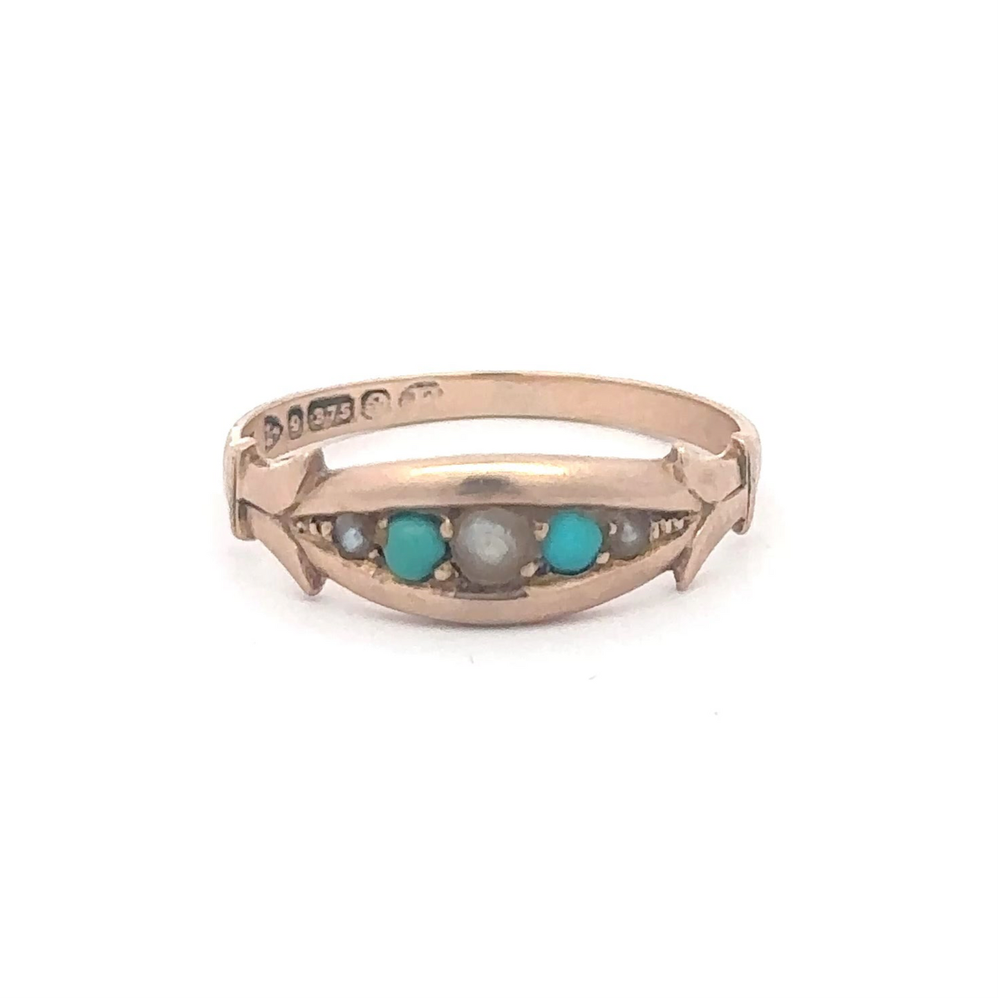 Antique Victorian turquoise and seed pearl ring in 9k yellow gold
