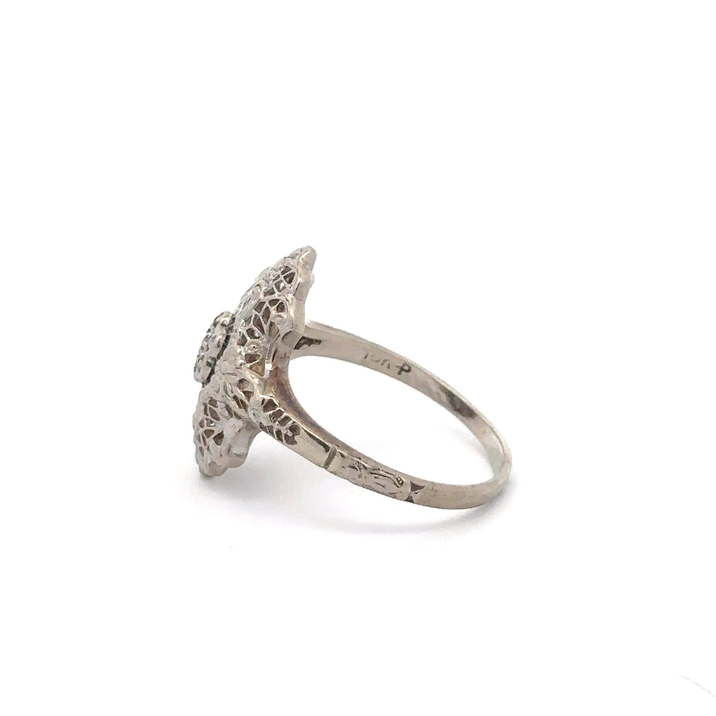 Antique art deco diamond shield ring in 18k white gold