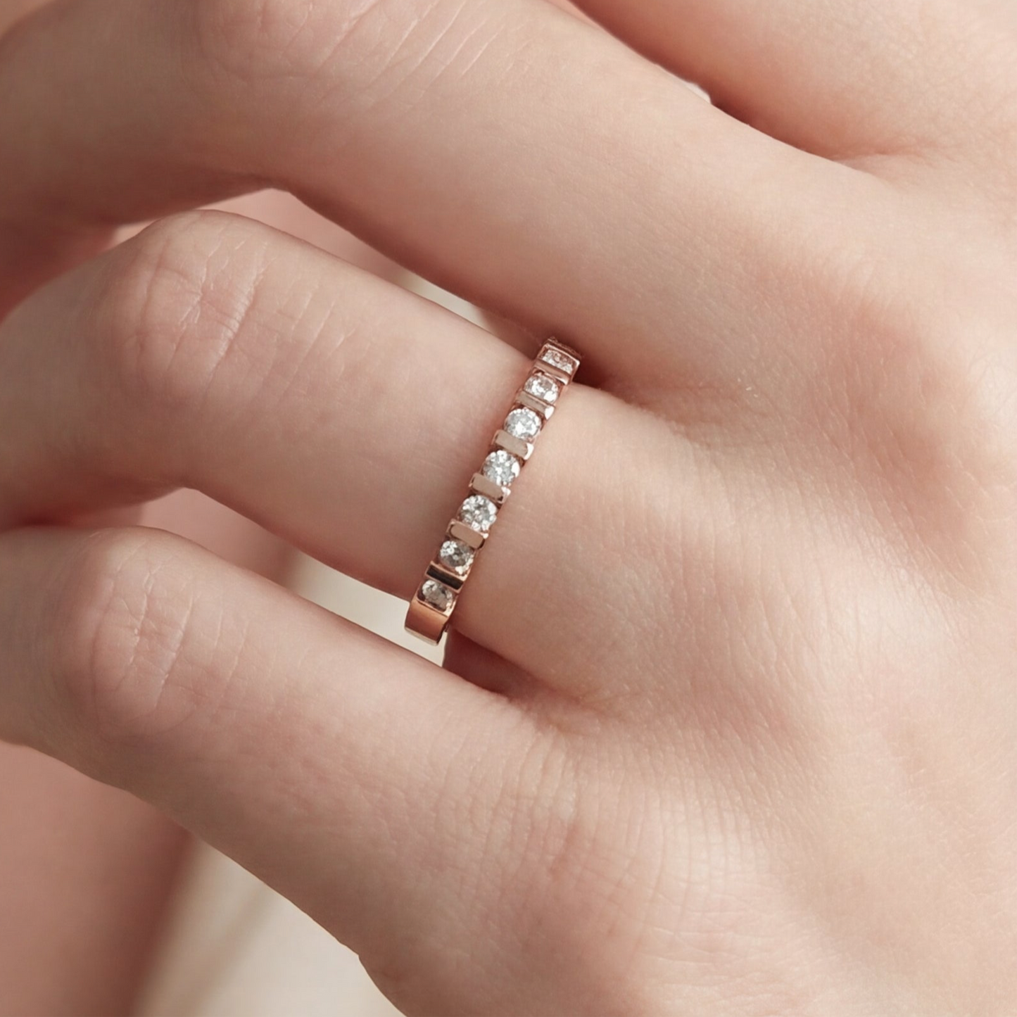 Natural diamond shared prong half eternity stacker band in 14k yellow gold