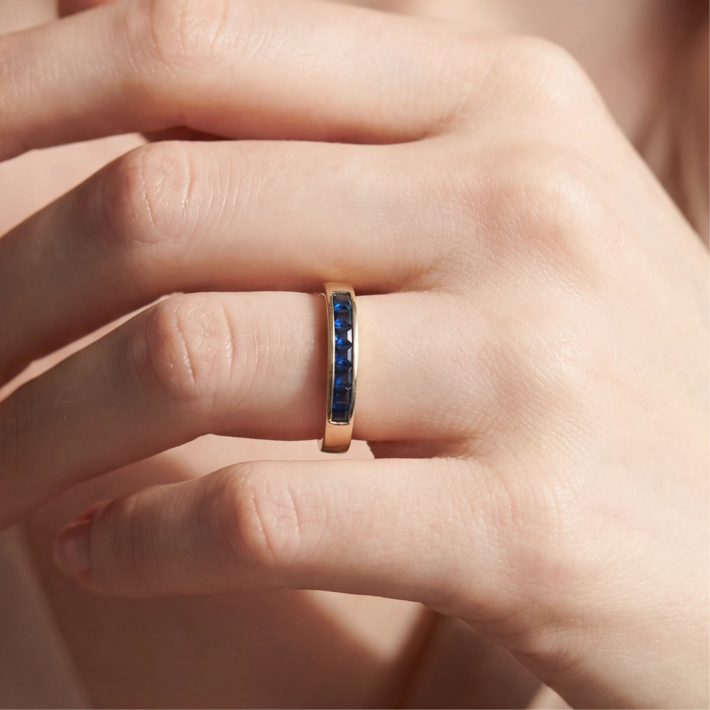 Vintage tension set sapphire stacker band set in 14k yellow gold