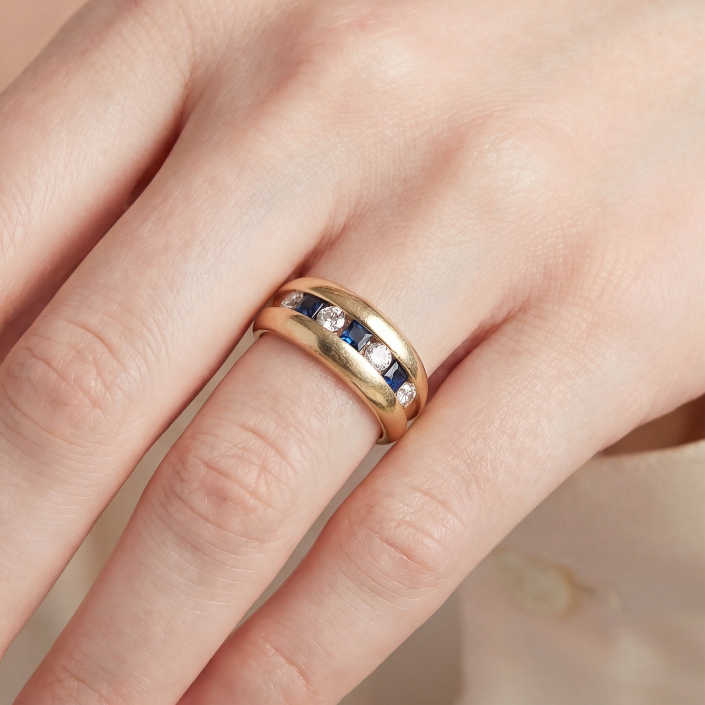 Vintage diamond and sapphire band in 14k yellow gold