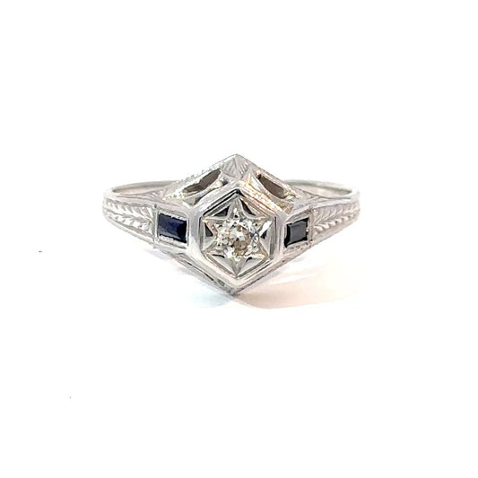 Antique art deco diamond solitaire with sapphire accents in 18k white gold