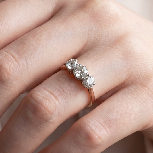 Antique natural old mine cut diamond three stone ring set in 9k gold