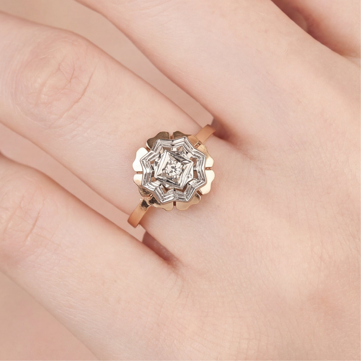 Vintage floral diamond cocktail ring in 14k gold