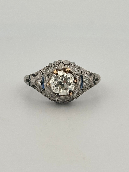 Antique art deco platinum old European cut diamond ring with sapphire accents