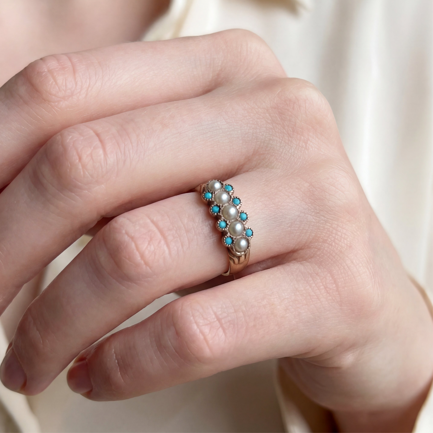 Antique Victorian turquoise and seed pearl ring in 14k yellow gold