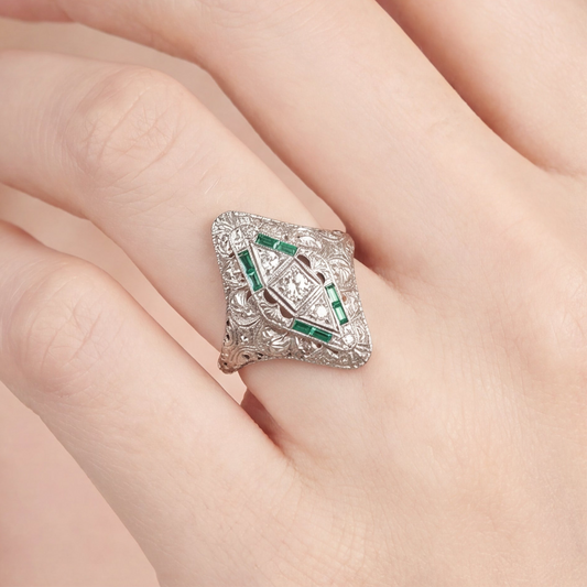 Antique 18k white gold natural diamond and emerald shield ring