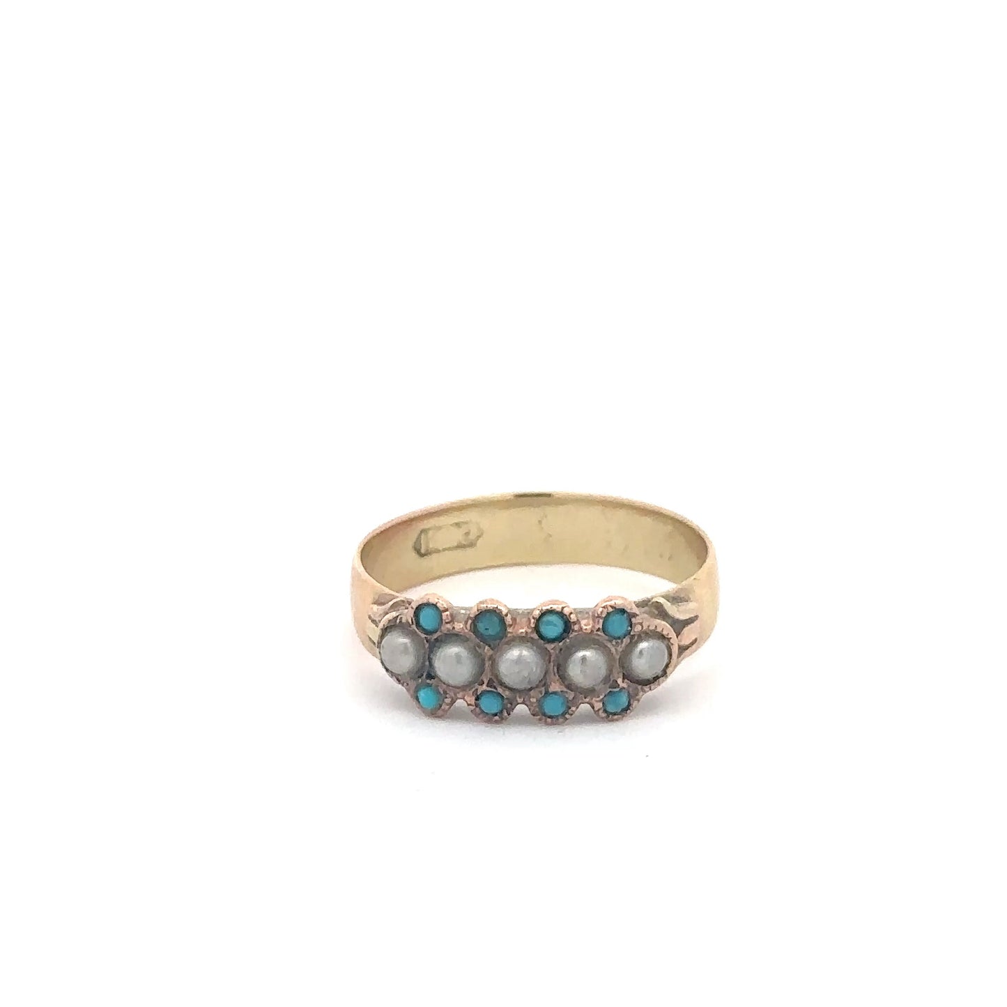 Antique Victorian turquoise and seed pearl ring in 14k yellow gold