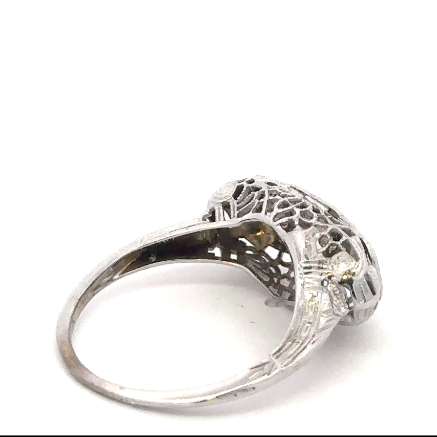 Art deco three-stone natural diamond ring in 18k white gold with intricate vintage design by Silver Lady Vintage