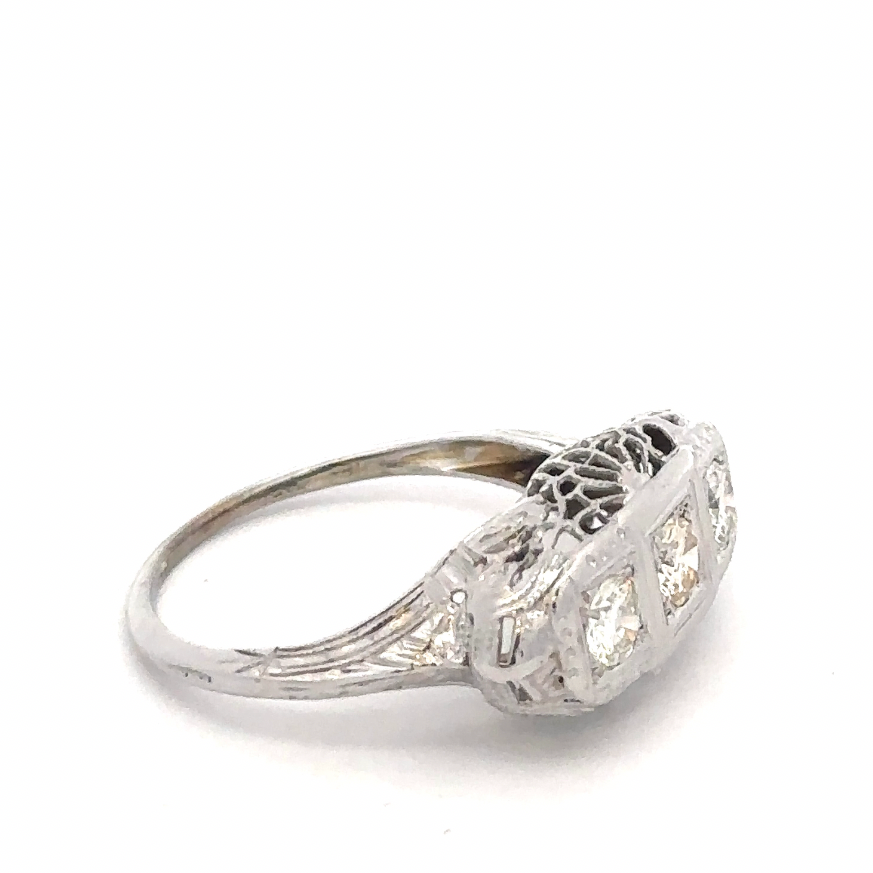 Art deco three stone natural diamond ring in 18k white gold with intricate vintage detailing by Silver Lady Vintage