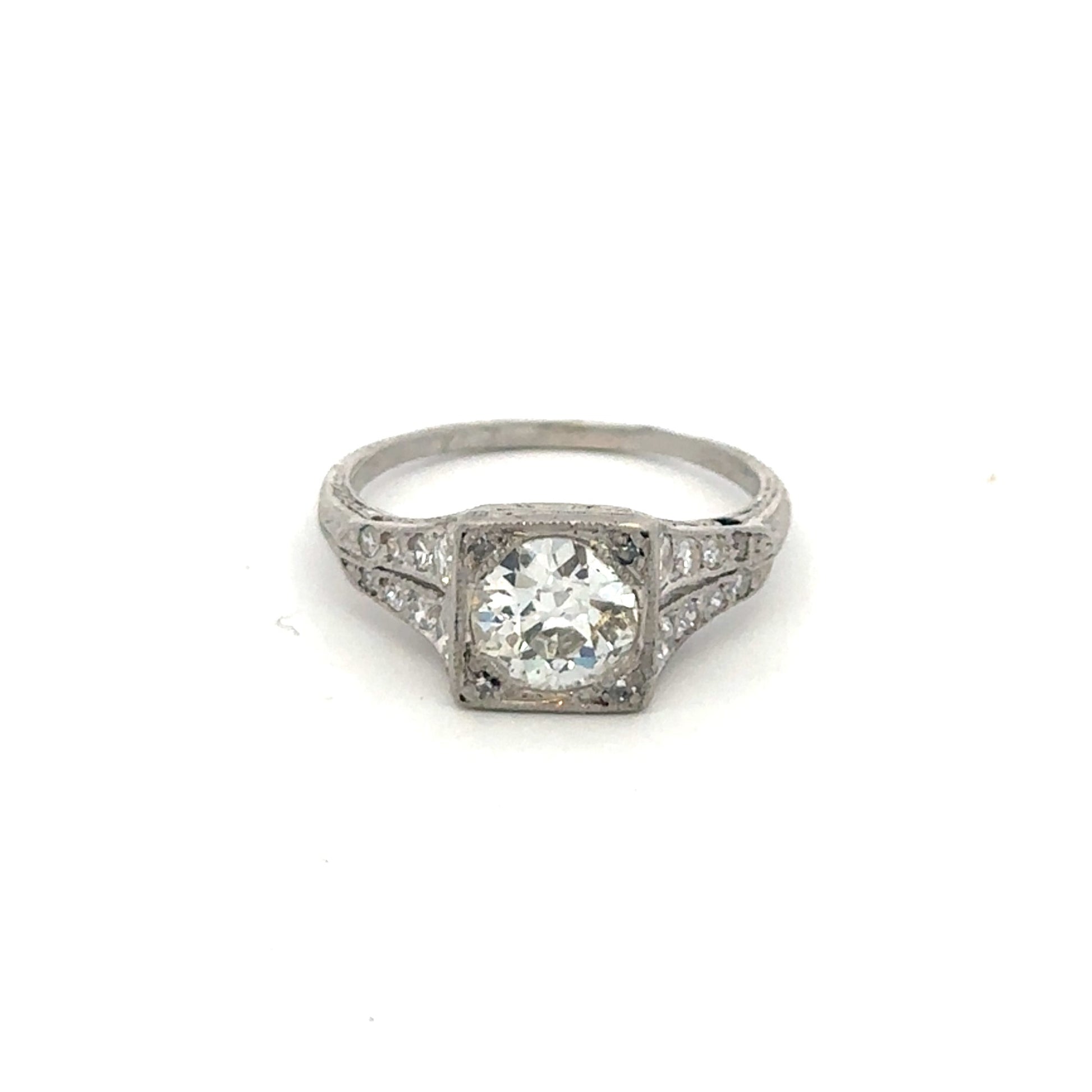 Silver Lady Vintage art deco platinum ring featuring an old mine cut diamond, showcasing vintage elegance and intricate design.